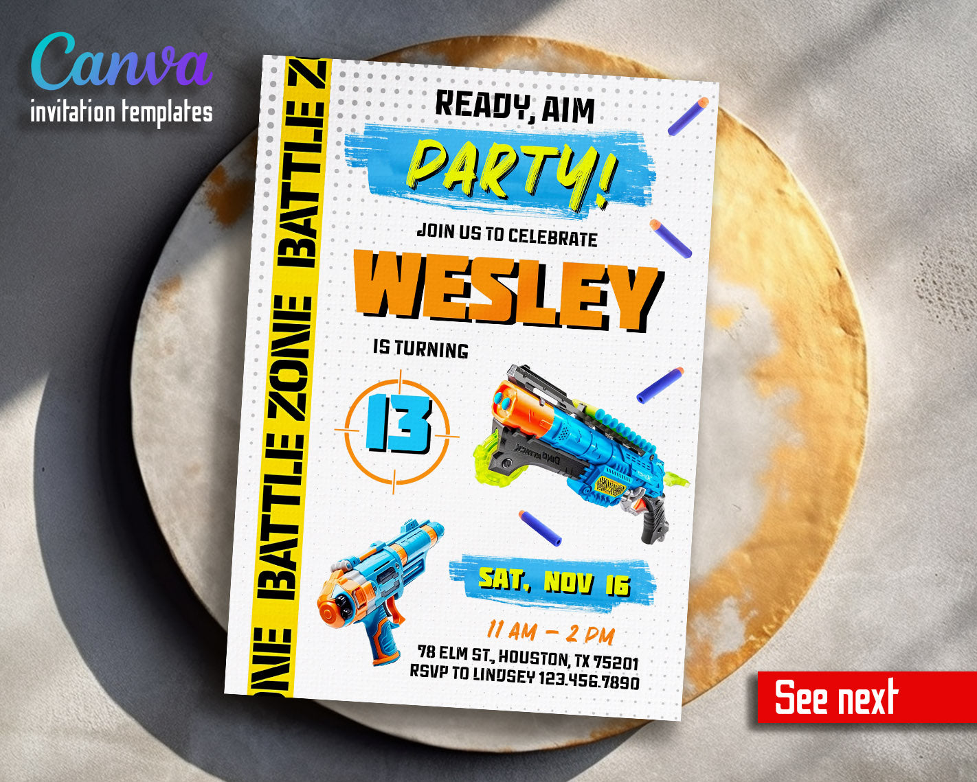 NERF Dart Wars  customizable invitation template | Share or Print | boy | YH720