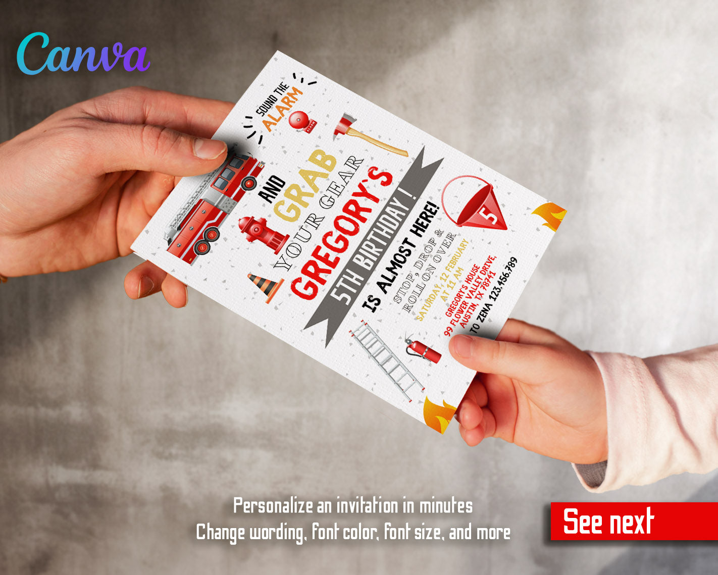 Firetruck Firefighter Fire Truck customizable invitation template | Share or Print | boy | AU060