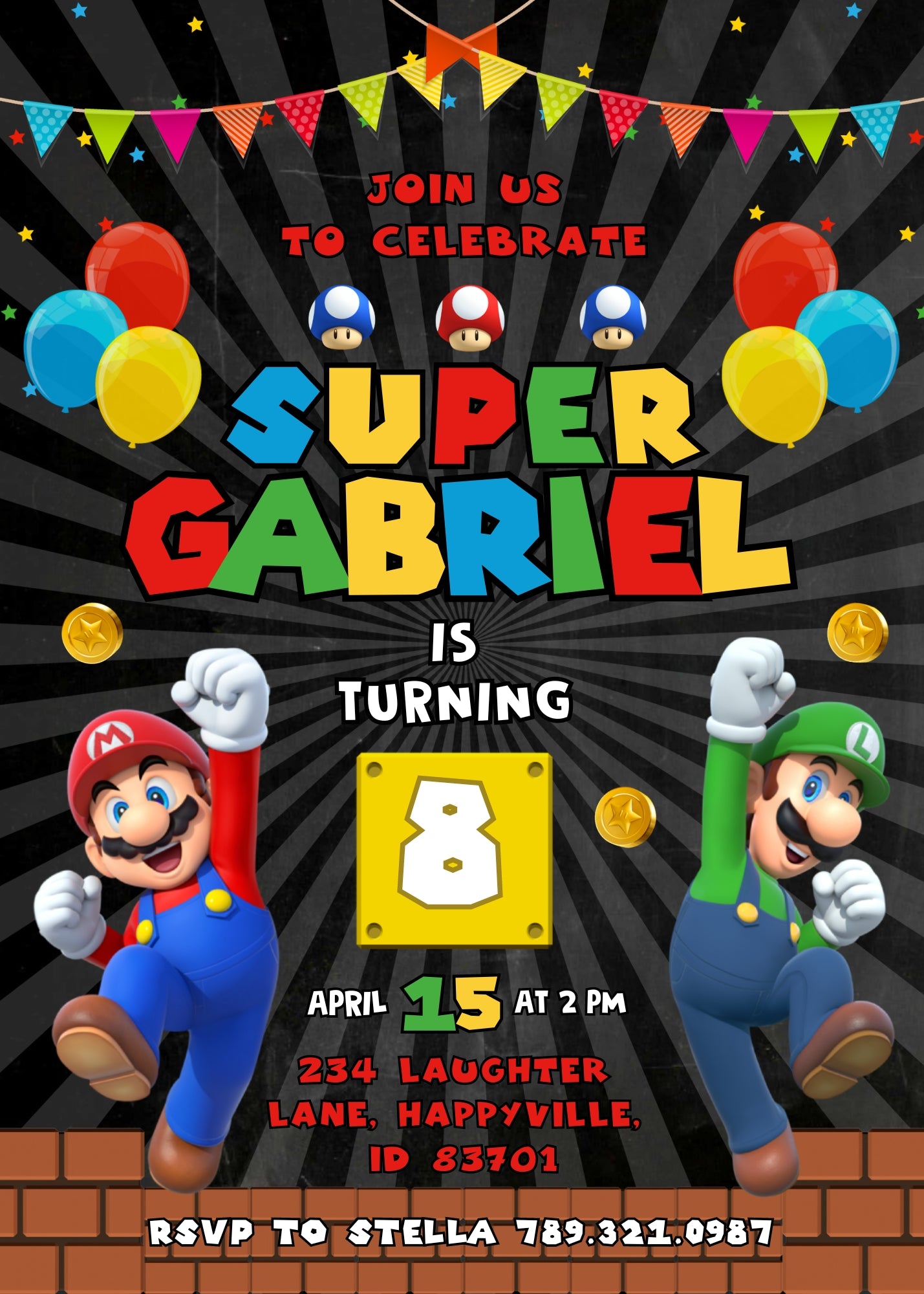 Super Mario Bros  customizable invitation template | Share or Print |  | FJ235