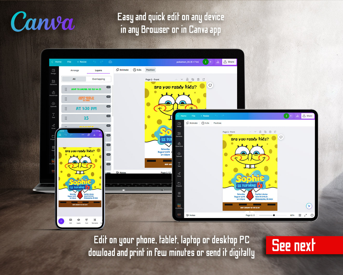 SpongeBob SquarePant customizable invitation template | Share or Print |  | OH131