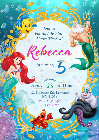 Ariel The Little Mermaid customizable invitation template | Share or Print | girl | UH975