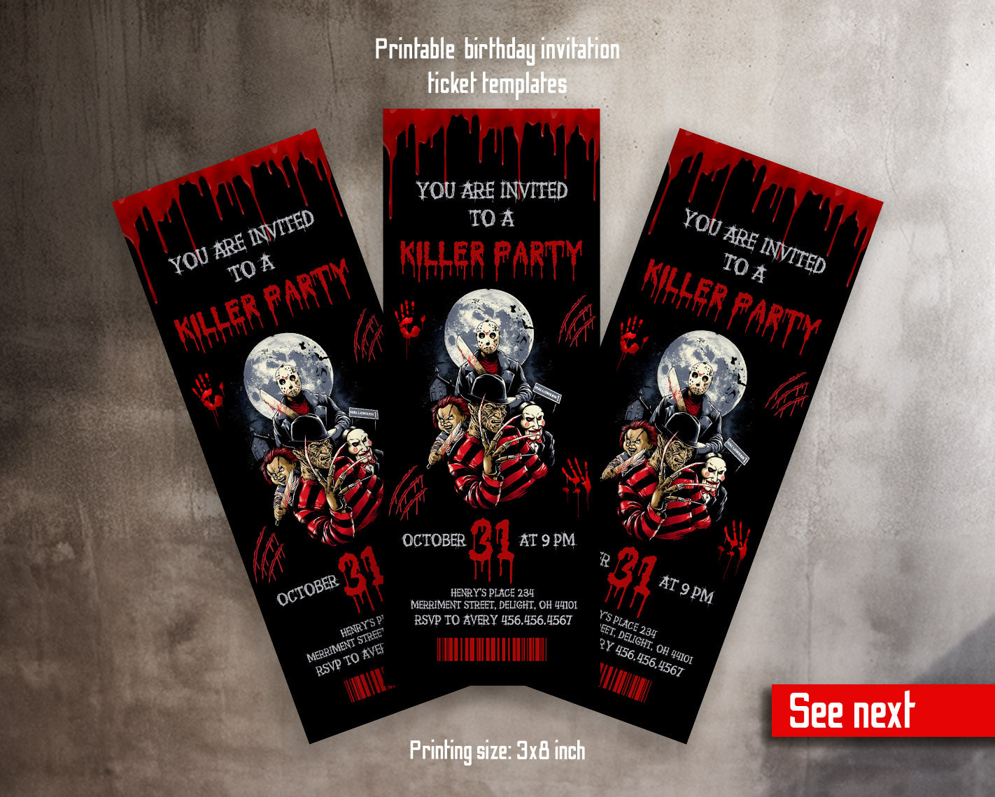 Horror Killer Movie Party Ticket customizable invitation template | Share or Print |  | HY350