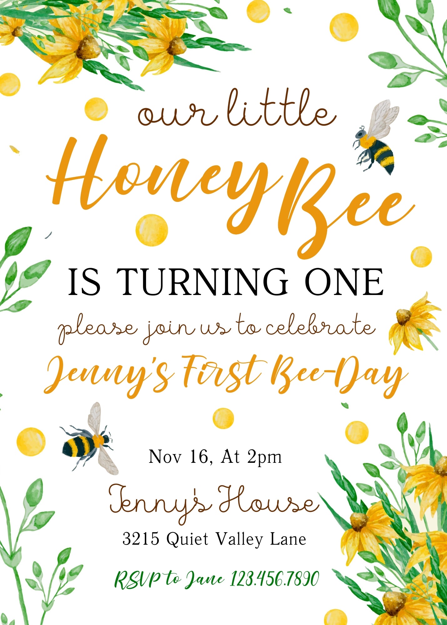 1st Bee Day Party customizable invitation template | Share or Print |  | NI318