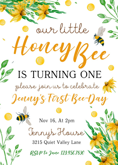 1st Bee Day Party customizable invitation template | Share or Print |  | NI318