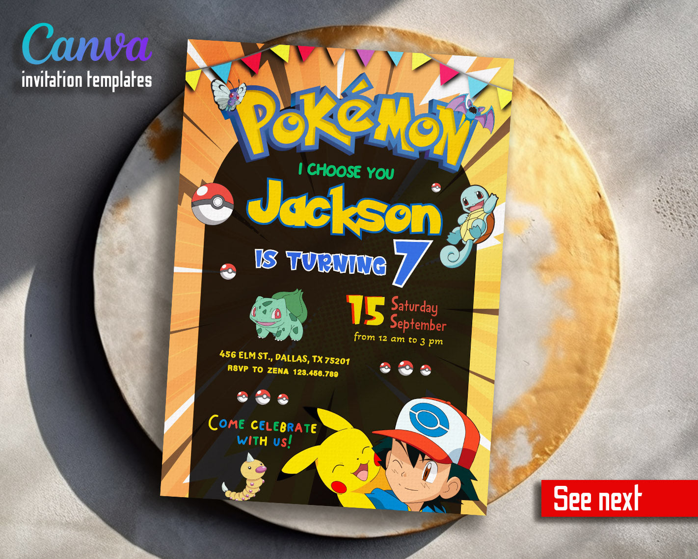 Pokemon Pikachu  customizable invitation template | Share or Print |  | RK777