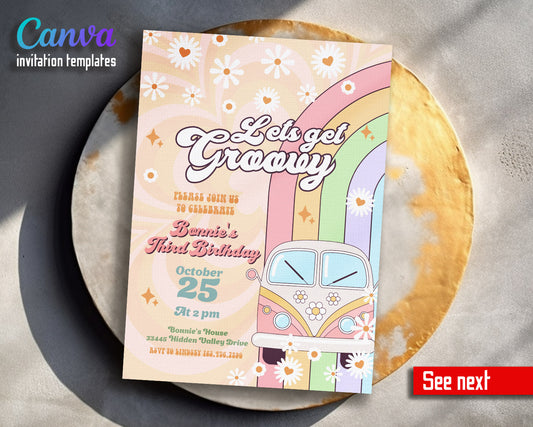 Groovy Retro Van customizable invitation template | Share or Print |  | KJ971