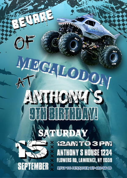 Monster Jam Megalodon customizable invite template boy | instant download | Share or Print | EW724