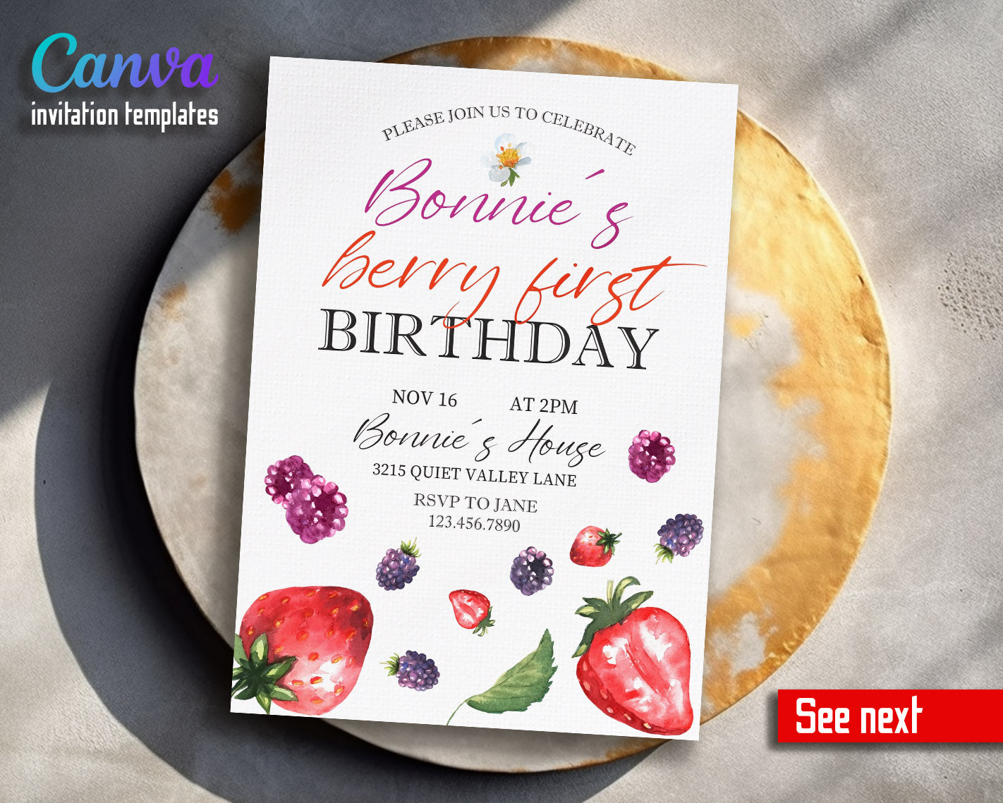 Berry First Birthday customizable invitation template | Share or Print | girl | OM910