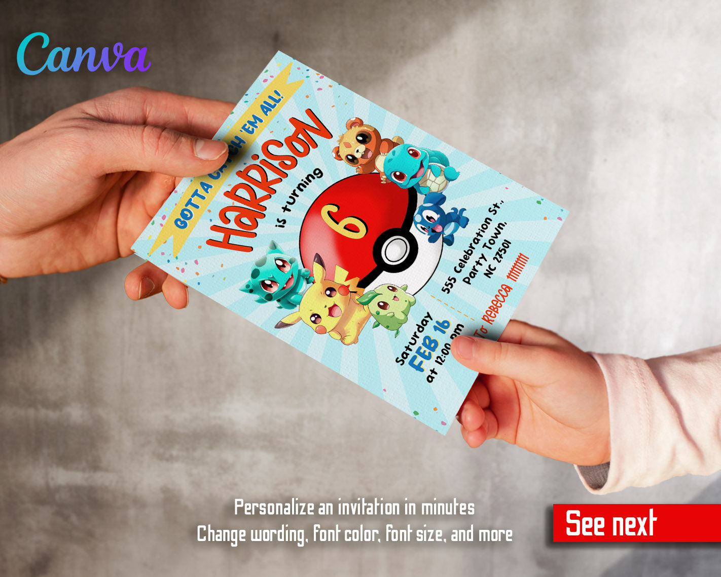 Pokemon Pikachu  customizable invitation template | Share or Print |  | CL345