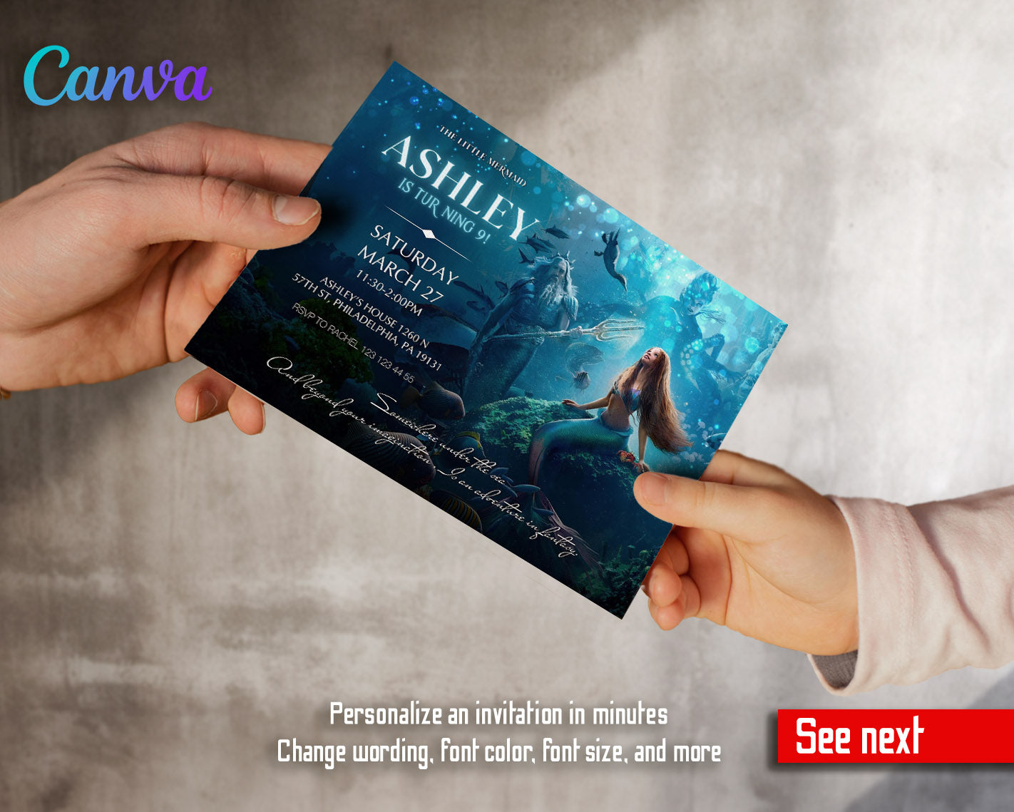 The Little Mermaid Ariel customizable invitation template | Share or Print | girl | FZ024