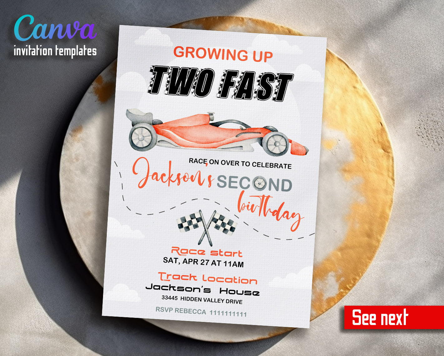 Race Car 2nd Bday Watercolor customizable invitation template | Share or Print | boy | JQ992