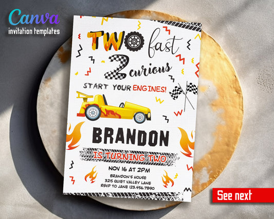 Race Car 2nd Bday Watercolor customizable invitation template | Share or Print | boy | YV916