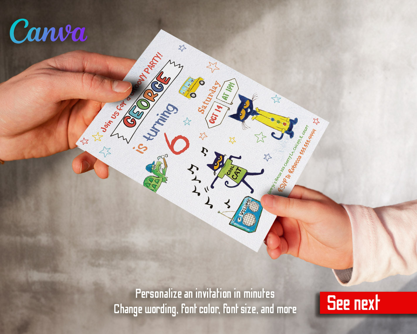 Pete the Cat customizable invitation template | Share or Print |  | AR312