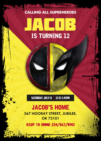 Deadpool Wolverine Marvel  customizable invitation template | Share or Print | boy | PR875