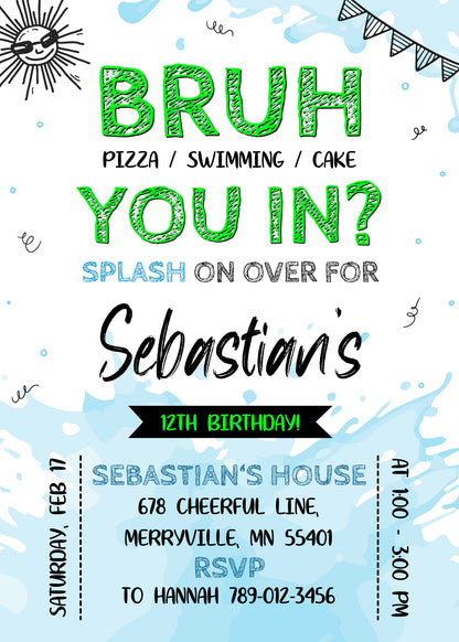 Bruh Pool customizable invitation template | Share or Print | boy | OE273