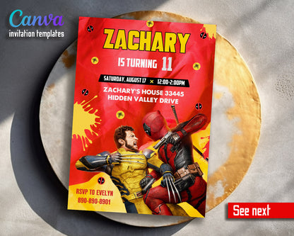 Deadpool Wolverine Marvel  customizable invitation template | Share or Print | boy | YT913