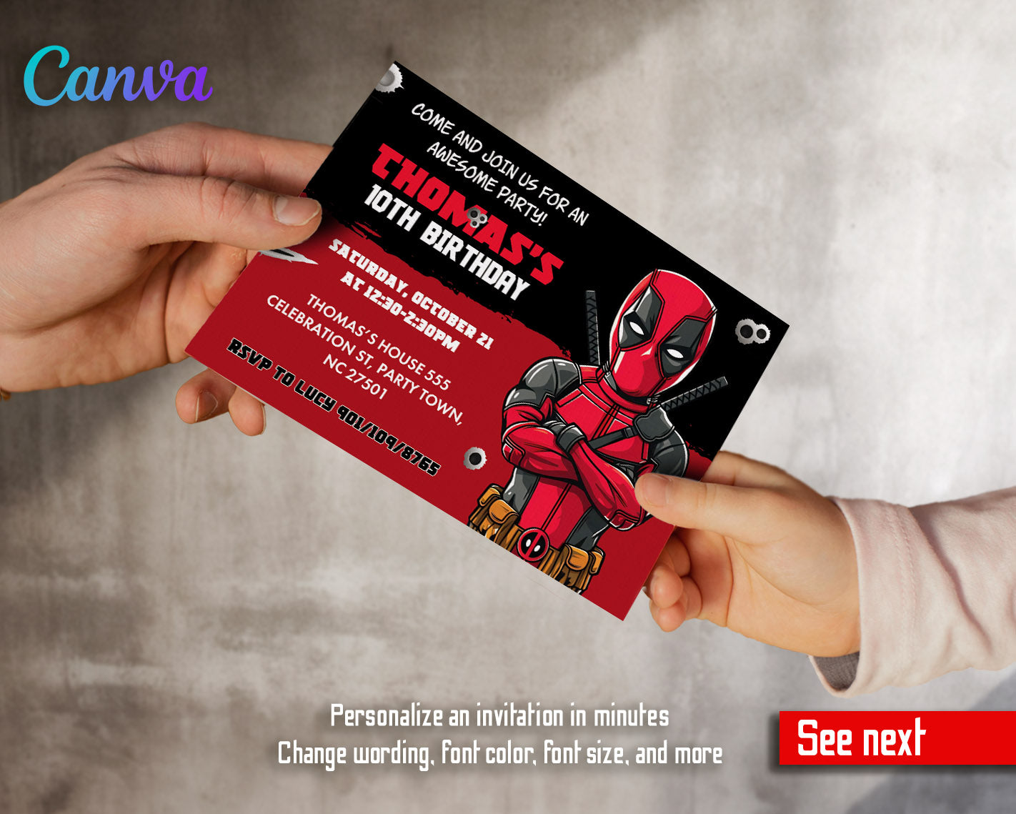 Deadpool Marvel  customizable invitation template | Share or Print | boy | IJ638