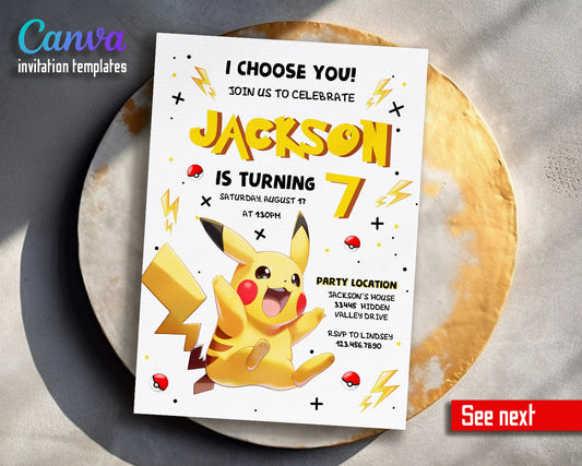 Pokemon Pikachu  customizable invitation template | Share or Print |  | PZ176