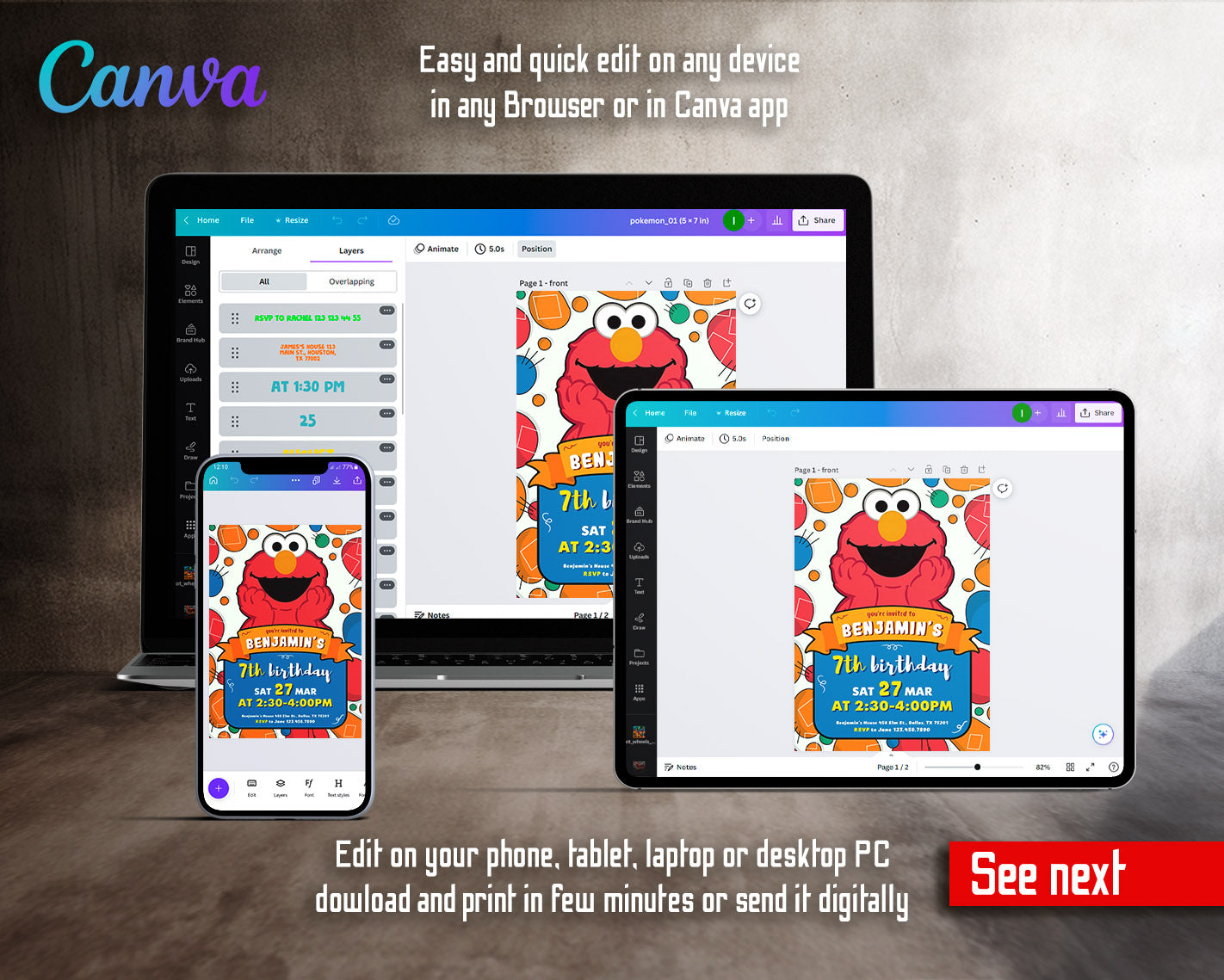 Sesame Street Elmo customizable invitation template | Share or Print |  | JT831