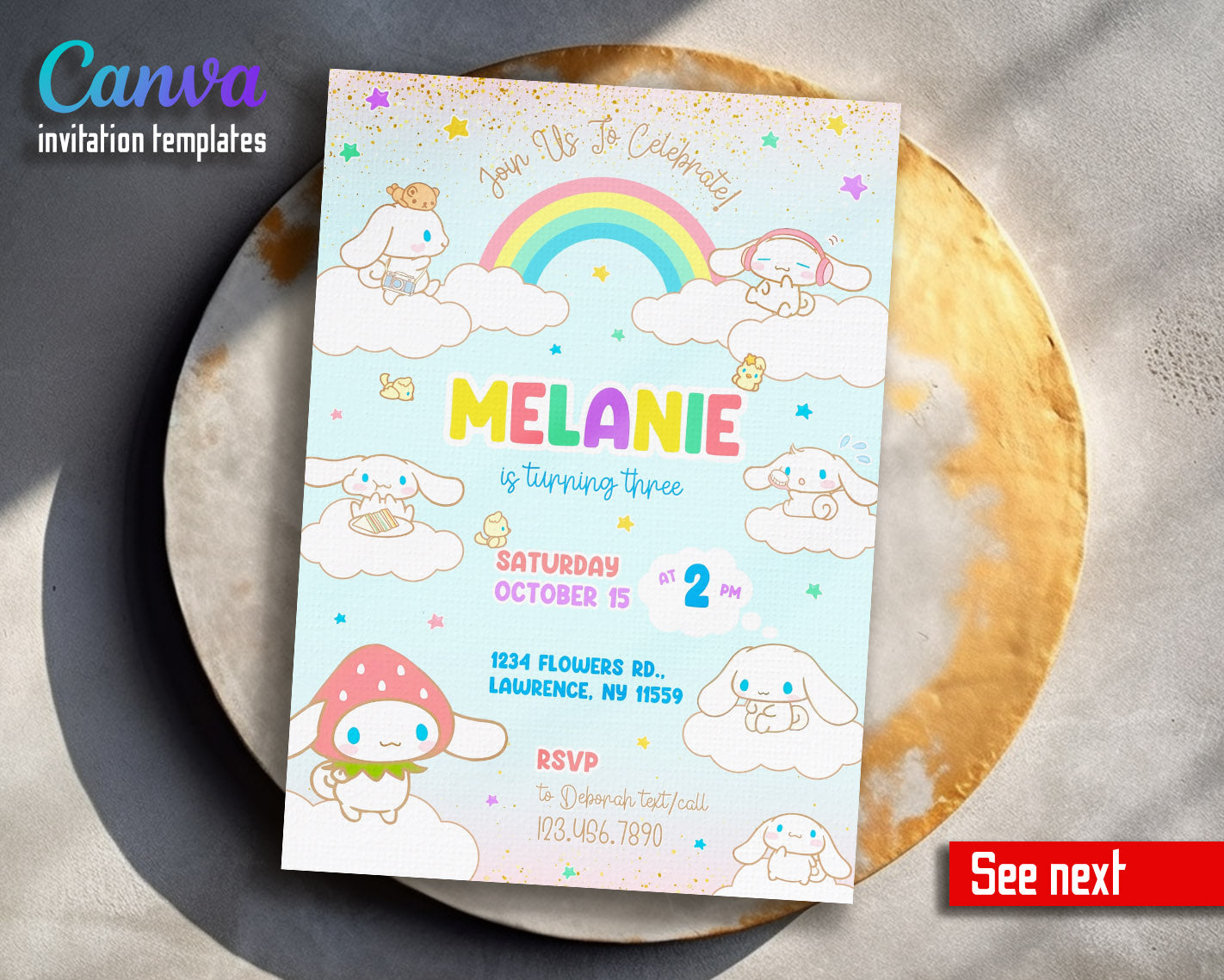 Cinnamoroll Hello Kitty Sanrio  customizable invitation template | Share or Print | girl | WZ089