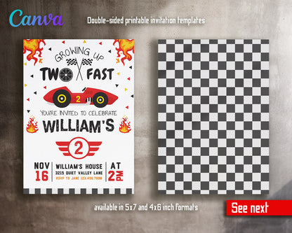 Race Car 2nd Bday Watercolor customizable invitation template | Share or Print | boy | KW866