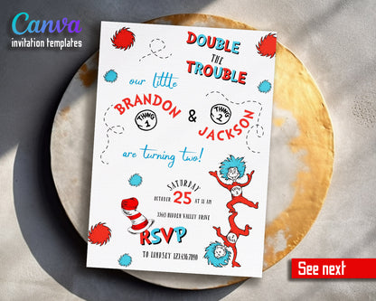 Dr Seuss The Cat in the Hat Twins customizable invitation template | Share or Print |  | KK623