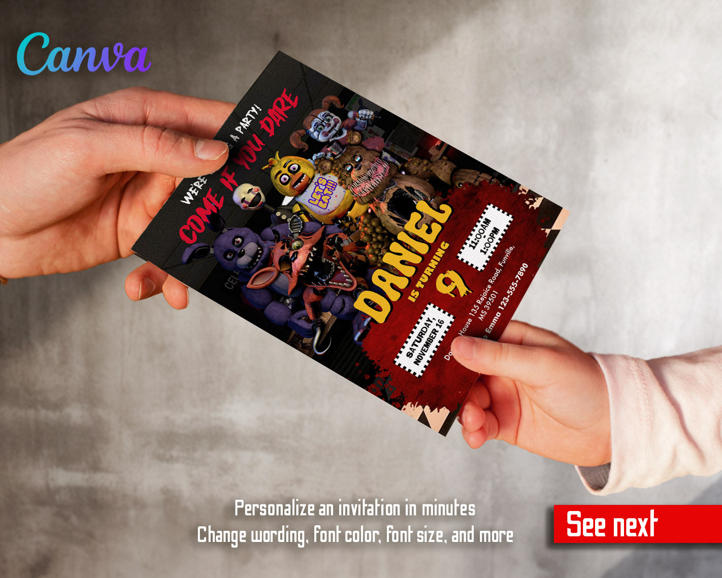 Five Nights at Freddy's customizable invitation template | Share or Print |  | GB562