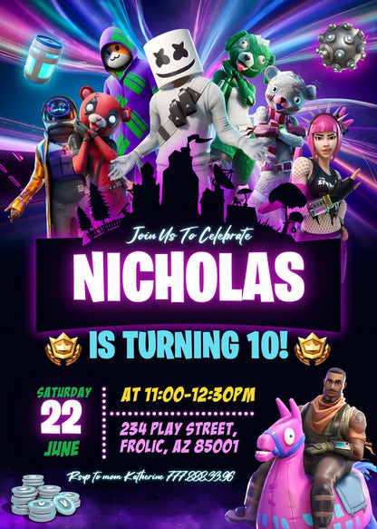 Fortnite gamer customizable invitation template | Share or Print | boy | SN574