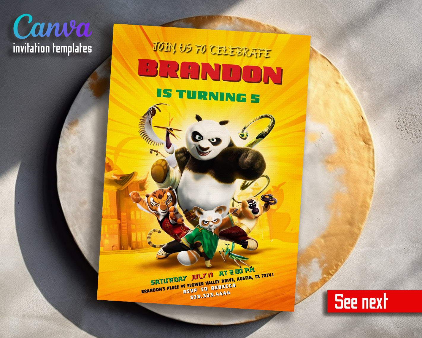 Kung Fu Panda Po customizable invitation template | Share or Print |  | XJ253