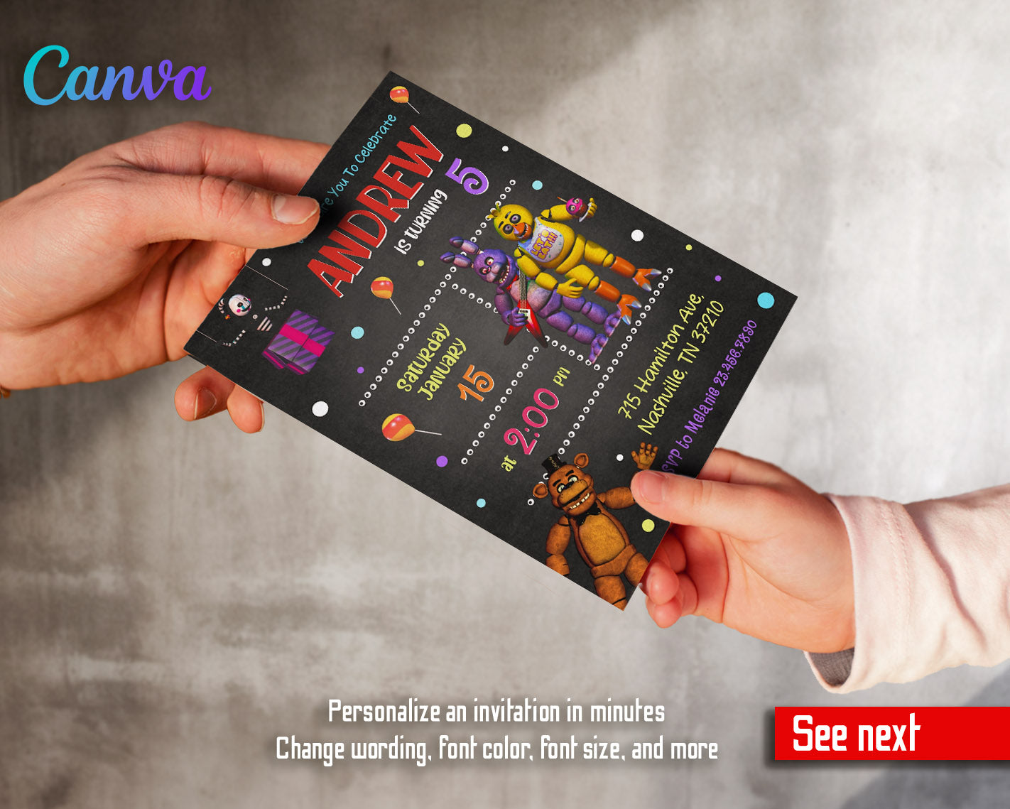 Five Nights at Freddy's customizable invitation template | Share or Print |  | OM199