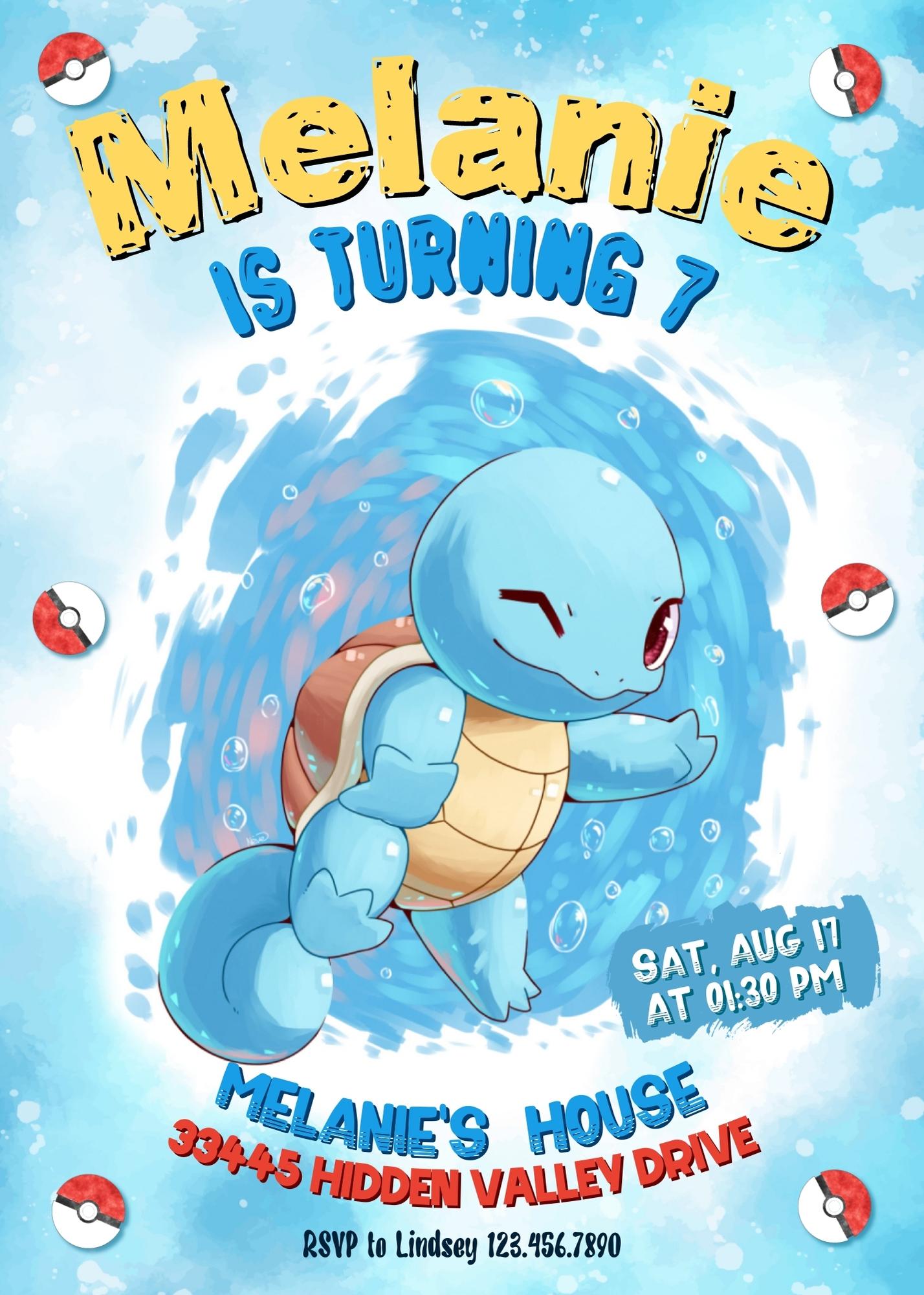 Squirtle Pokemon Anime customizable invitation template | Share or Print |  | DT061