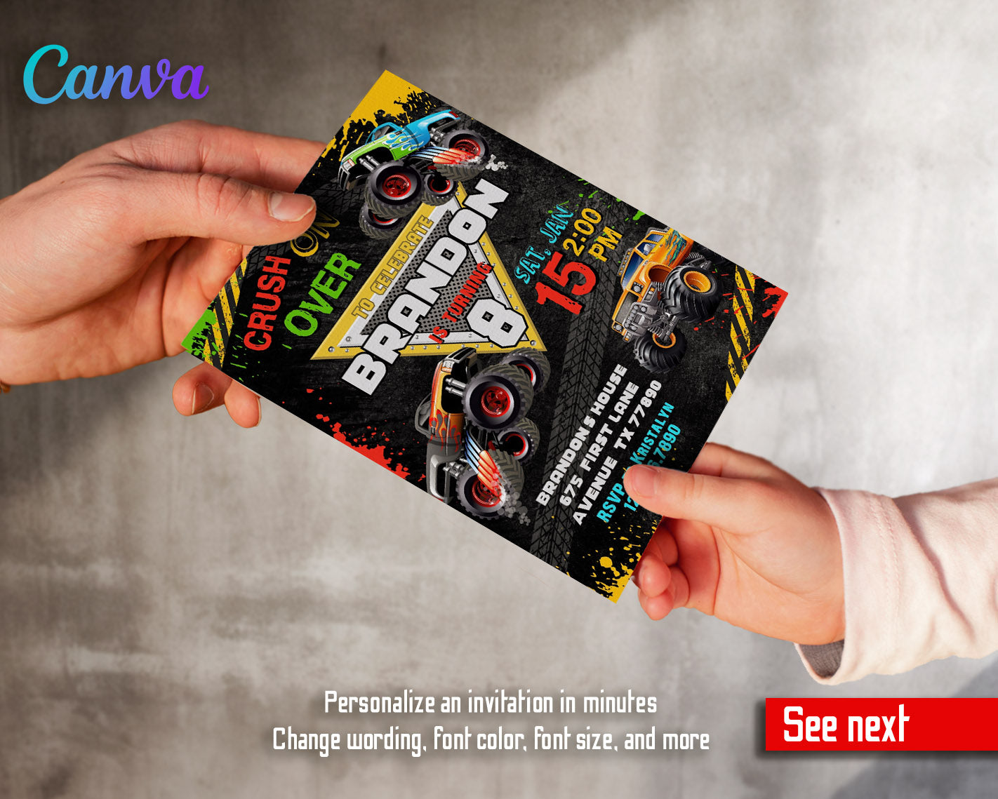 Monster Jam Monster Truck customizable invitation template | Share or Print | boy | QH638