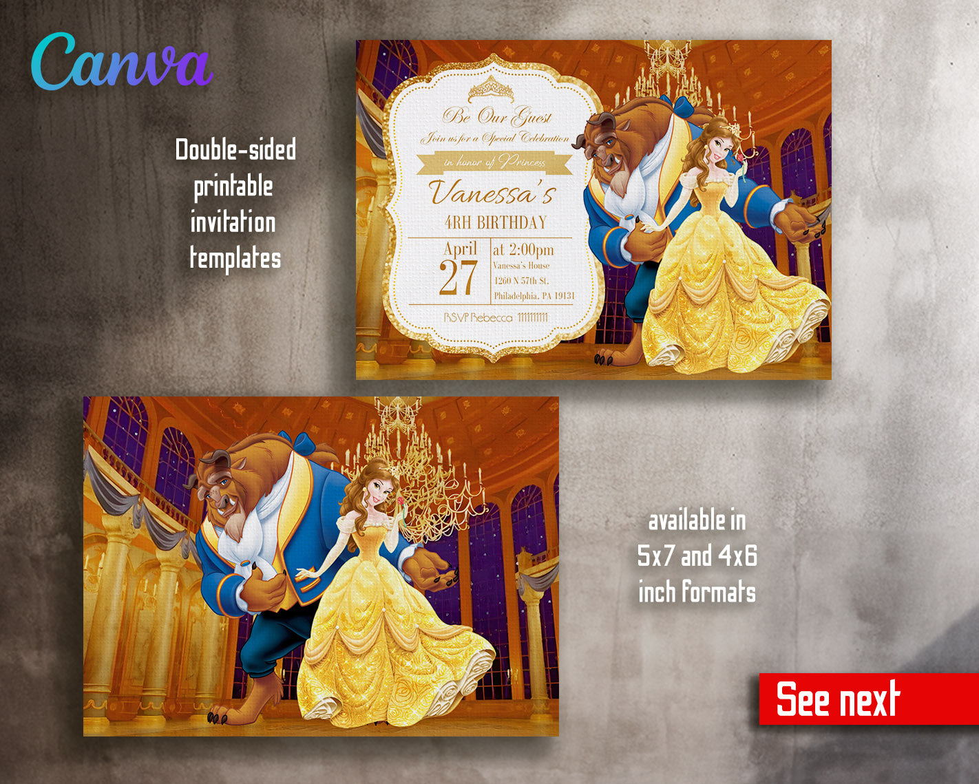 Belle Beauty And The Beast customizable invitation template | Share or Print | girl | HX973