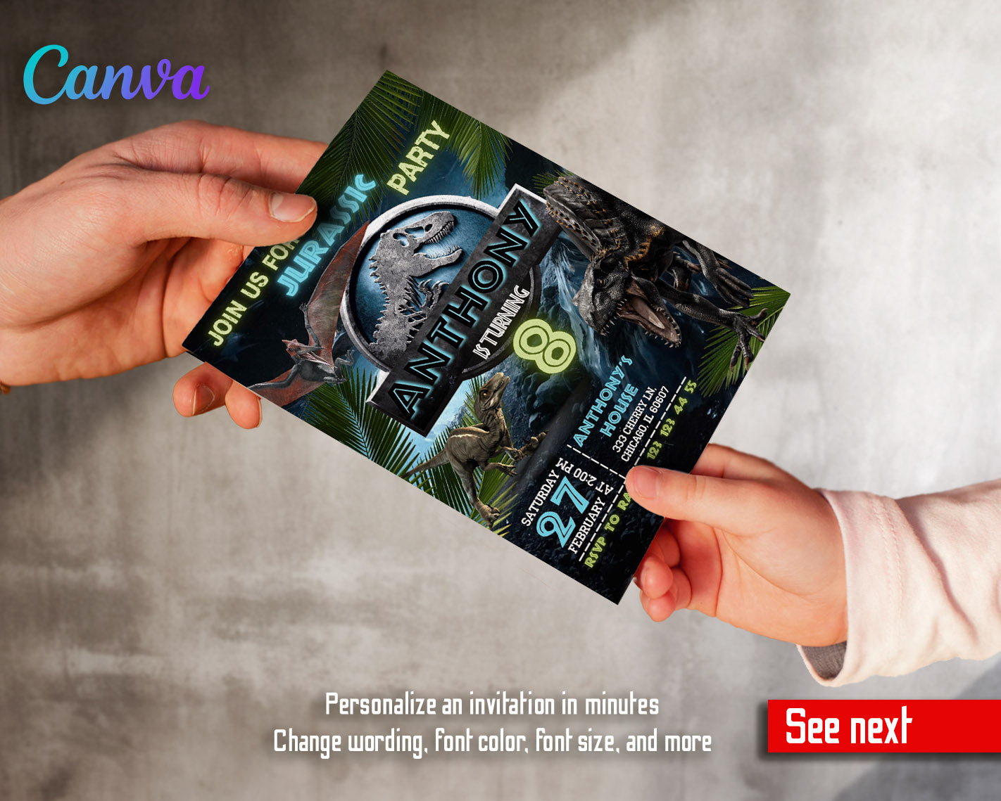 Jurassic Park Dinosaur customizable invitation template | Share or Print |  | ZW311