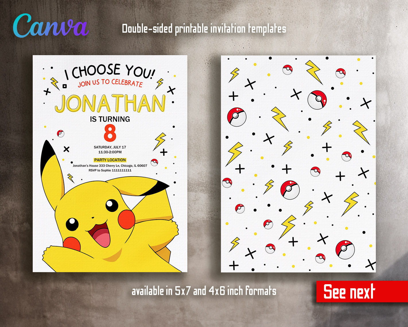 Pokemon Pikachu  customizable invitation template | Share or Print |  | QI435