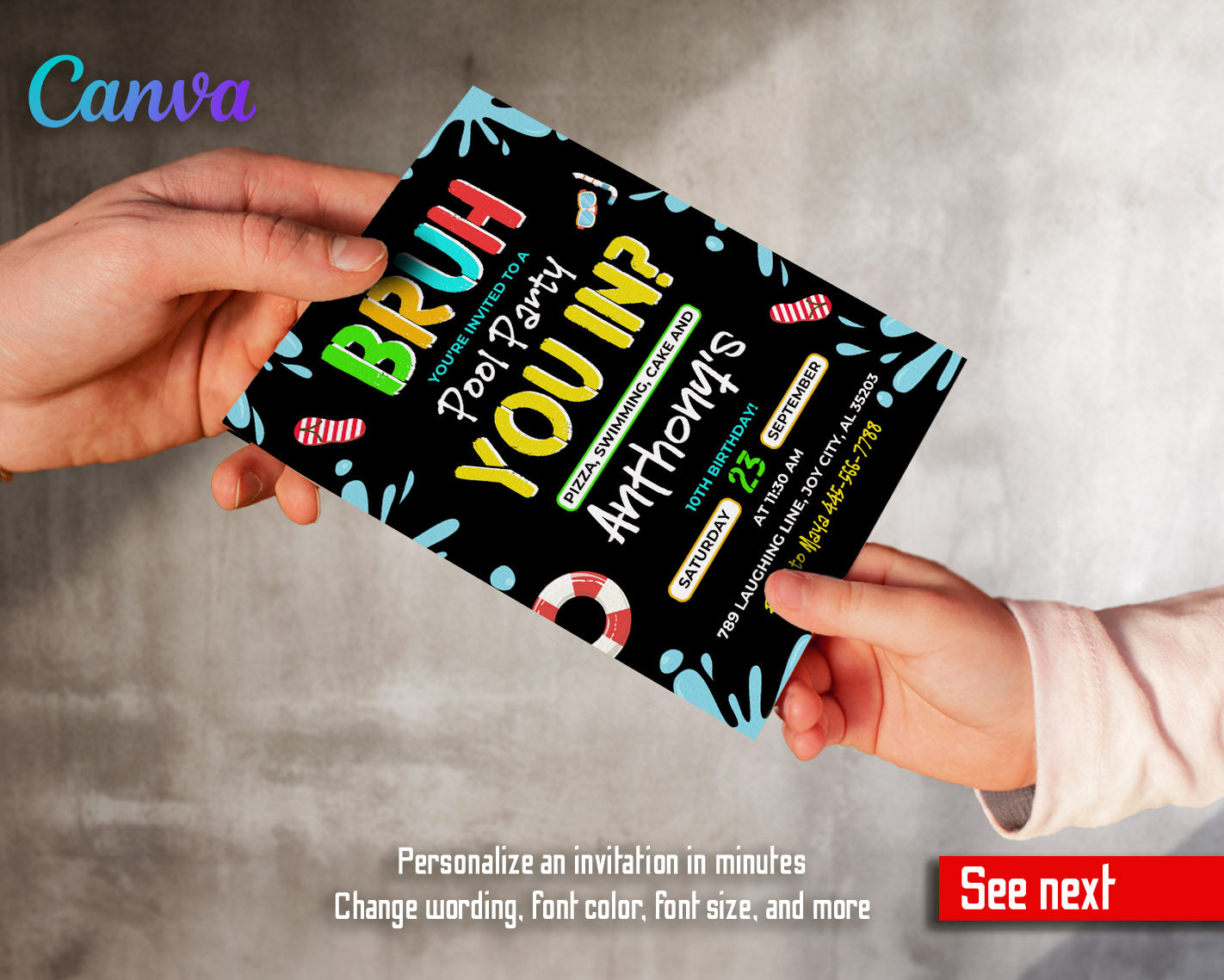 Bruh Pool customizable invitation template | Share or Print | boy | FQ509