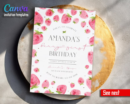 Berry First Birthday customizable invitation template | Share or Print | girl | PD055