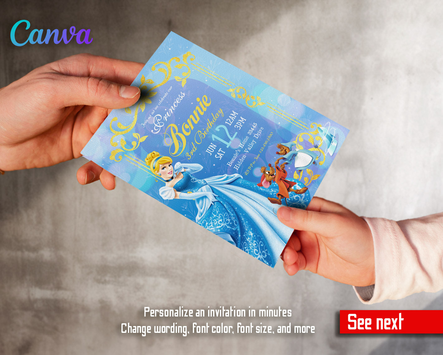 Cinderella Princess customizable invitation template | Share or Print | girl | ZW636