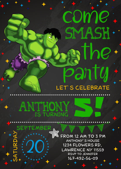 Hulk The Avengers Marvel Superhero customizable invitation template | Share or Print | boy | LB765