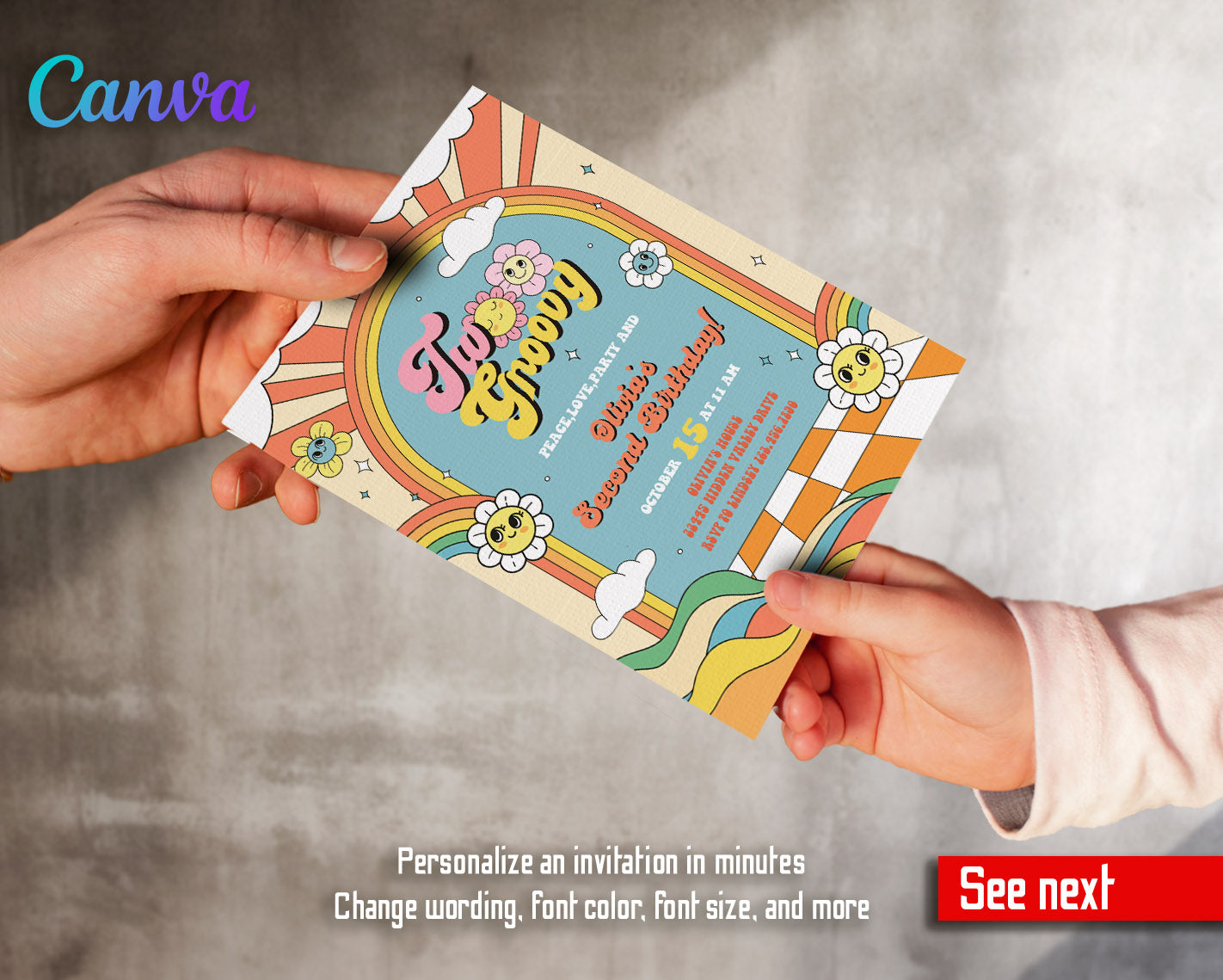 Groovy Second Birthday customizable invitation template | Share or Print |  | AK226