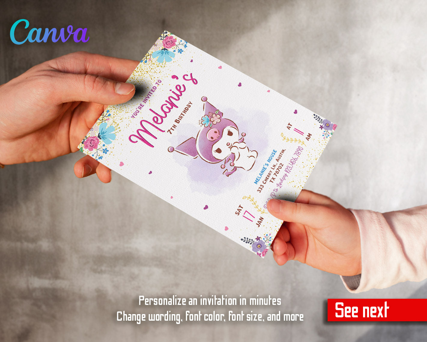 Kuromi Hello Kitty Sanrio customizable invitation template | Share or Print | | EW858