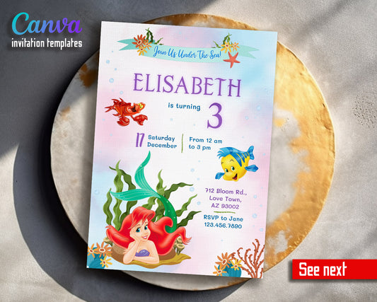 Ariel The Little Mermaid customizable invitation template | Share or Print | girl | JP091