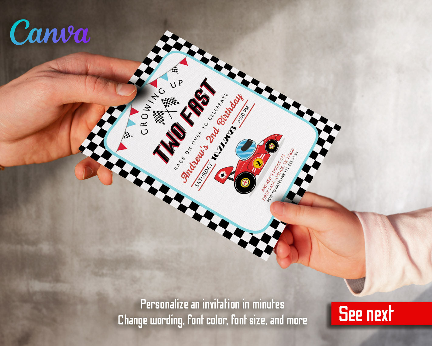 Race Car 2nd Bday Watercolor customizable invitation template | Share or Print | boy | WN261