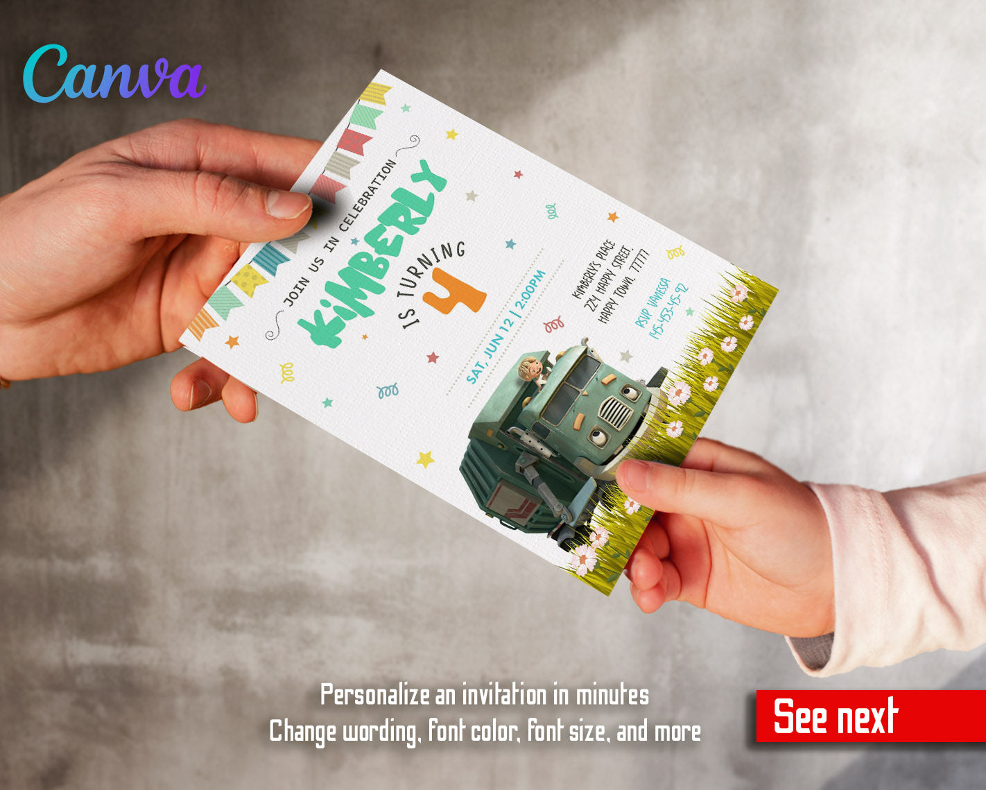 Trash Green Truck customizable invitation template | Share or Print |  | NZ113