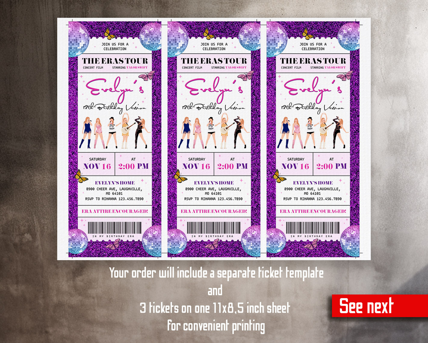 Taylor Swift Eras Tour Ticket customizable invitation template | Share or Print | girl | UM188