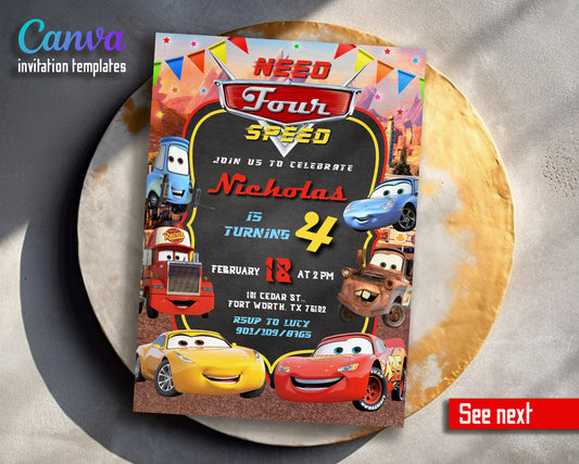 Cars Lightning Mcqueen Four customizable invitation template | Share or Print | boy | HZ624