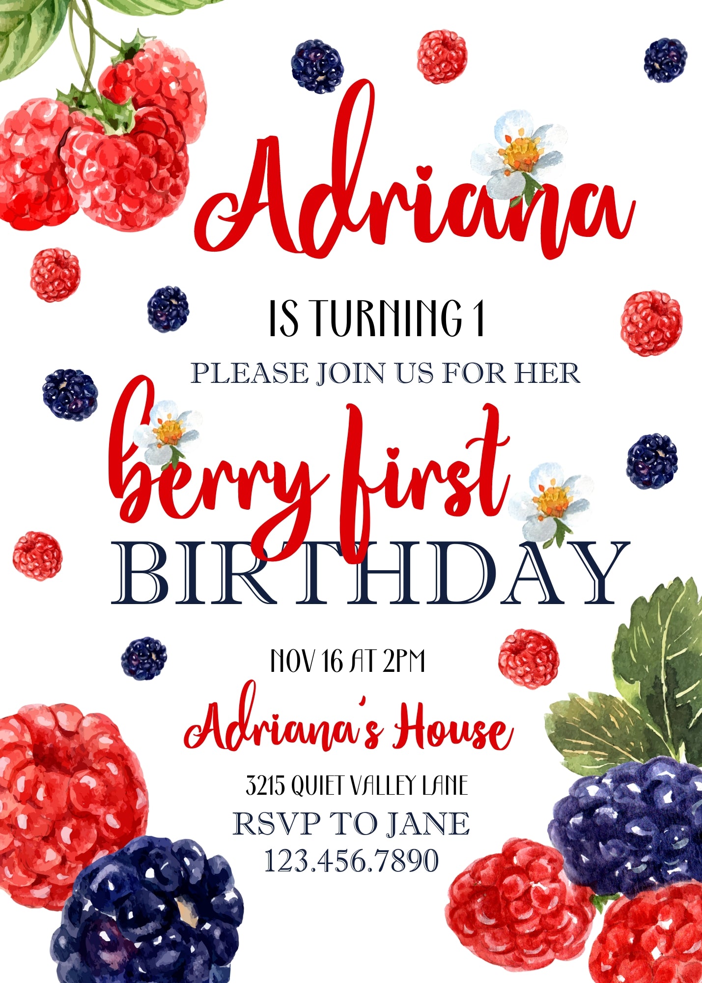 Berry First Birthday customizable invitation template | Share or Print | girl | RX233