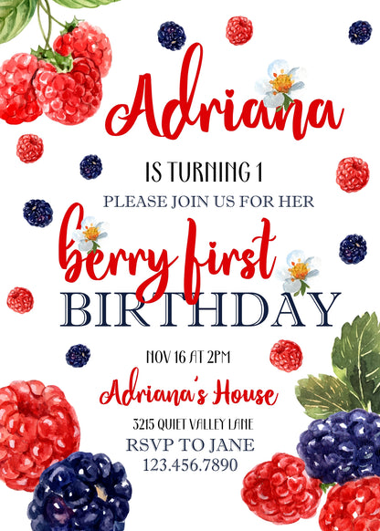 Berry First Birthday customizable invitation template | Share or Print | girl | RX233