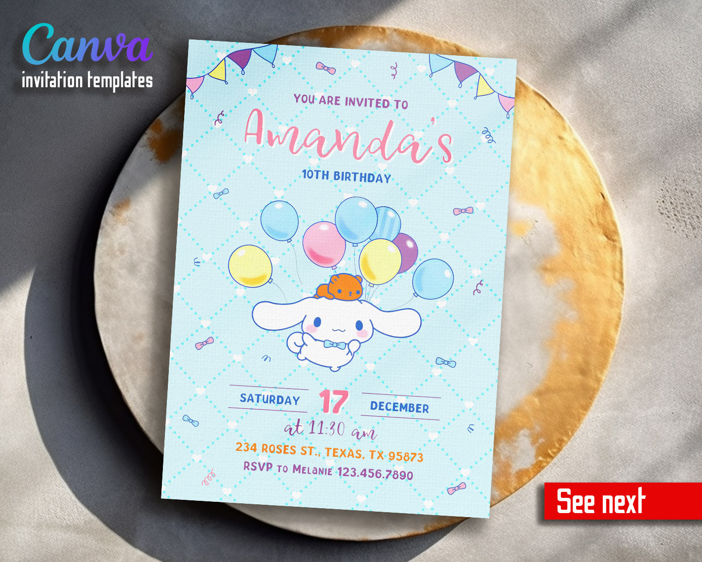 Cinnamoroll Hello Kitty Sanrio  customizable invitation template | Share or Print | girl | QR952