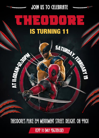 Deadpool Wolverine Marvel  customizable invitation template | Share or Print | boy | TB833